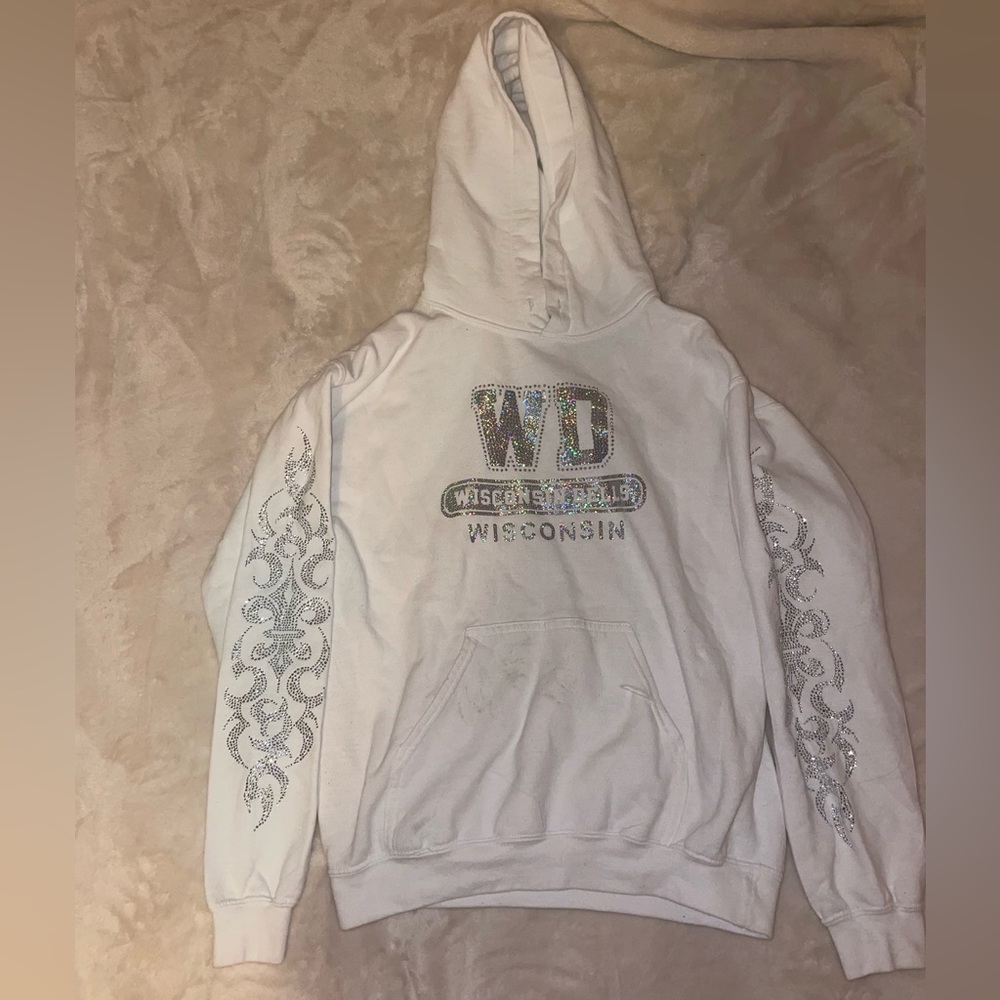 White “Wisconsin Dells” rhinestone hoodie